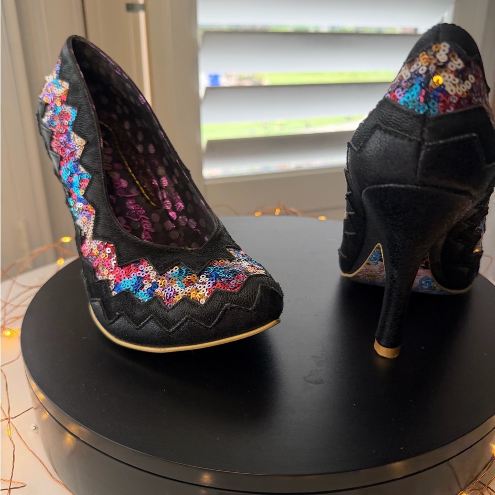 Poetic License by Irregular Choice Women's Black Sequin Zigzag High Heels, 39/8 - Picture 9 of 14